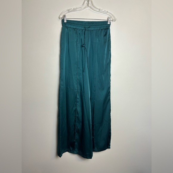 Pinch Teal Satin M Trousers Wide Leg Pants Elastic Waist Womens High Rise office - Picture 1 of 15